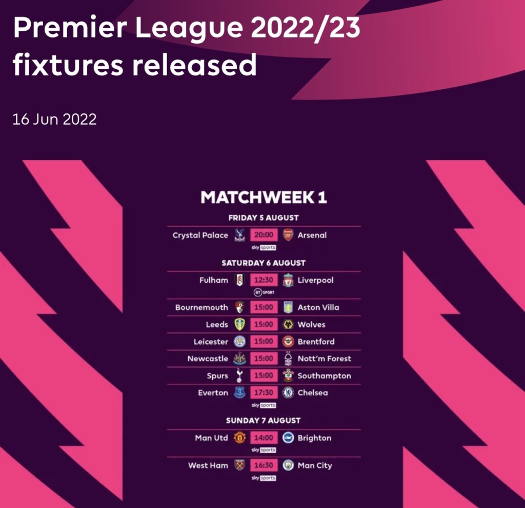 Premier League fixtures released for the 2022/2023 season